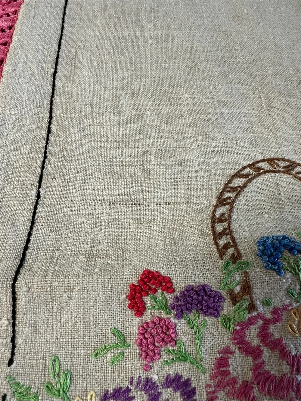 Vintage Hand-Embroidered Linen Floral Basket Table Runner - Pink Trim 38”